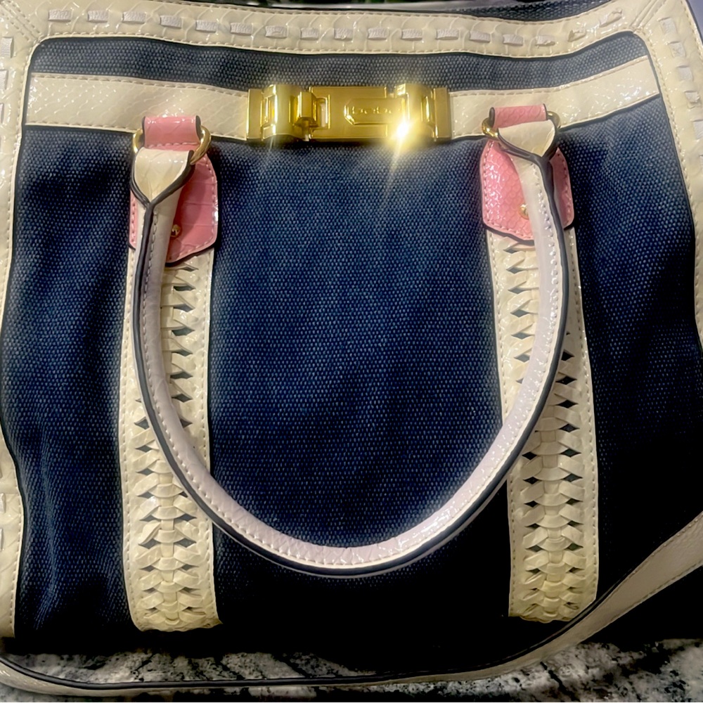 Bebe handbag denim material, like new. Two straps, shoulder and chain crossbody